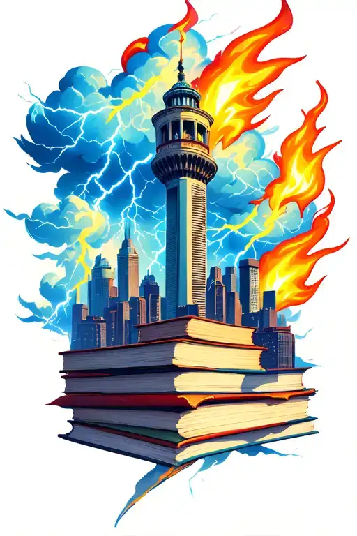 tower books clouds flames lightning bolt city skyline tattoo design idea