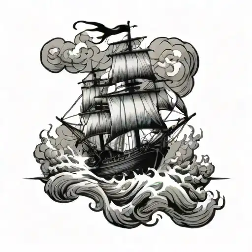 pirat ship in Storm, blitz line tattoo design idea