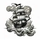 pirat ship in Storm, blitz line tattoo design idea