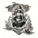 pirat ship in Storm, blitz line tattoo design idea