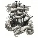 pirat ship in Storm, blitz line tattoo design idea