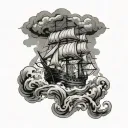 pirat ship in Storm, blitz line tattoo design idea