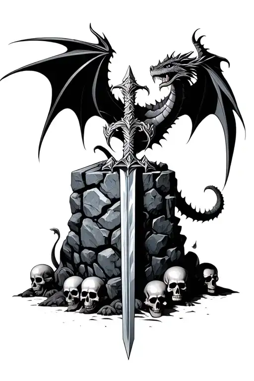 a dragon pulling excalibur out of a stone with 6 skulls at the base of the stone tattoo design idea