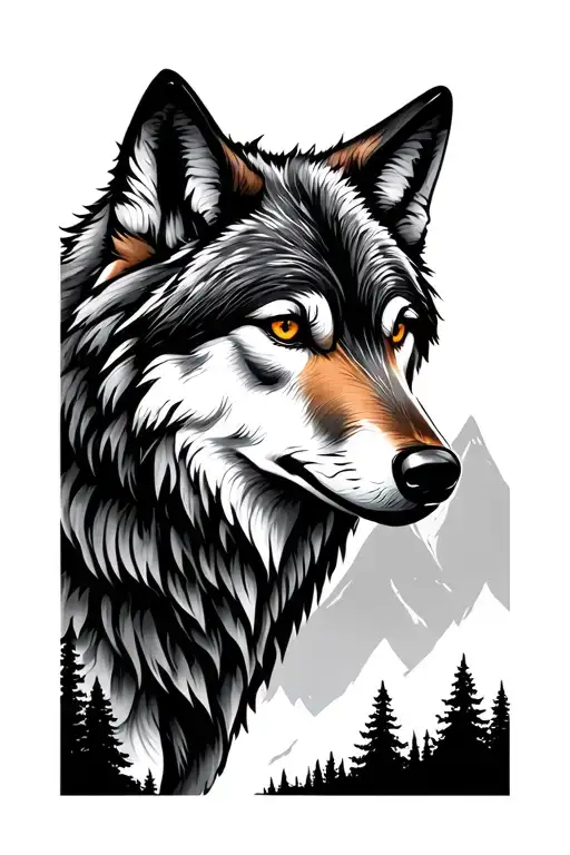 forest scene with mountains and a wolf  tattoo design idea