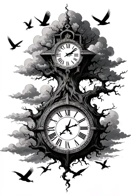 Poison tree connected with a clock with Roman numeral numbers With a cloud background and birds Flying and lightning  tattoo design idea