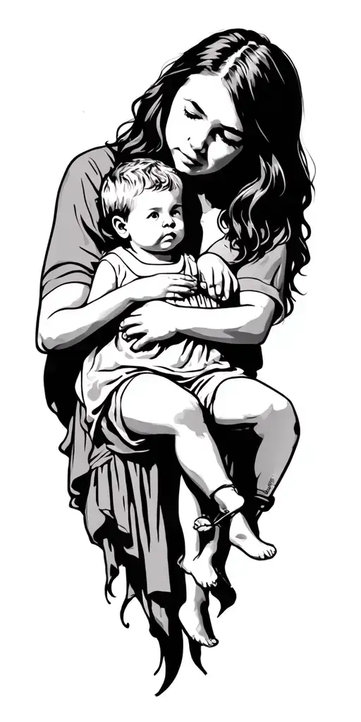 rip sister carrying little brother tattoo design idea