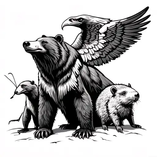 totem pole with a grizzly bear, possum, ant, wombat and wedge tail eagle with wings spread at the top tattoo design idea