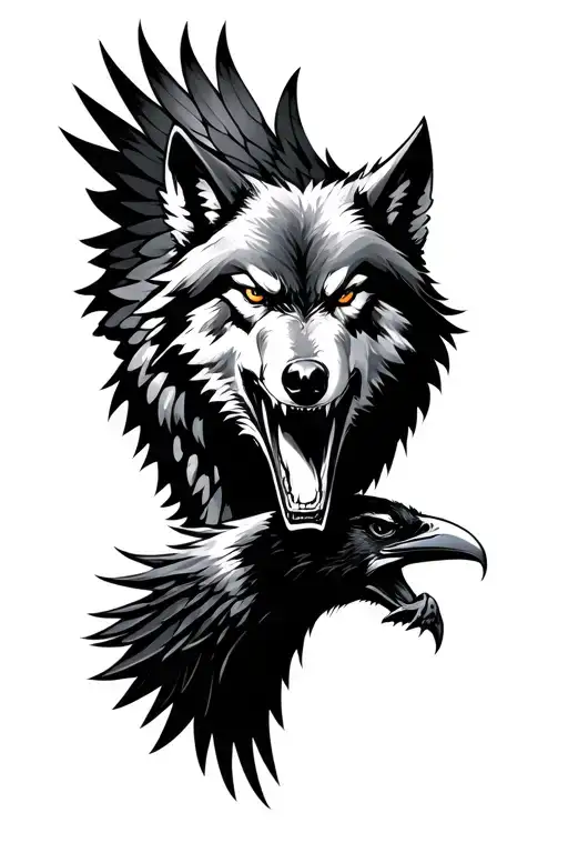 angry wolf and raven soaring tattoo design idea