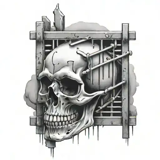 A skull with a prison cell on the forehead and iron bars at the entrance tattoo design idea