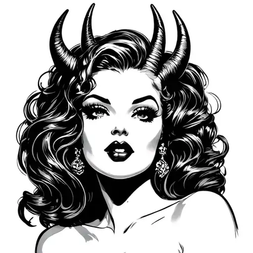 Black Pin Up Girl devil horns tattoo design idea