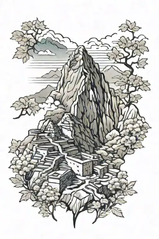 Make a drawing of the silhouette of Machu Picchu with Mount Fuji behind it, some maple leaves and a samurai tattoo design idea