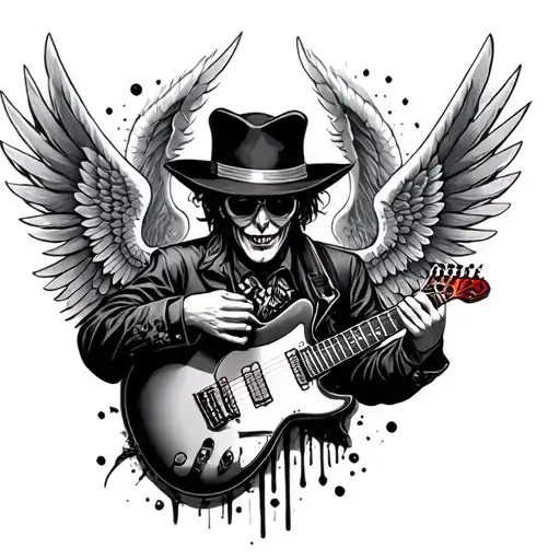 lead guitar with wings and a hat surrounded tattoo design idea