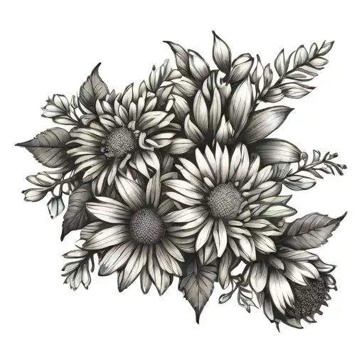 aster and Daisy bouquet tied tattoo design idea