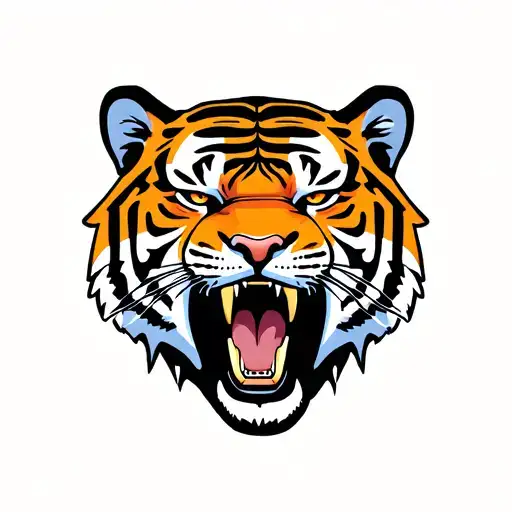 tigerhead in color, mouth open teeth showing, facing forward. traditional design and bold tattoo design idea