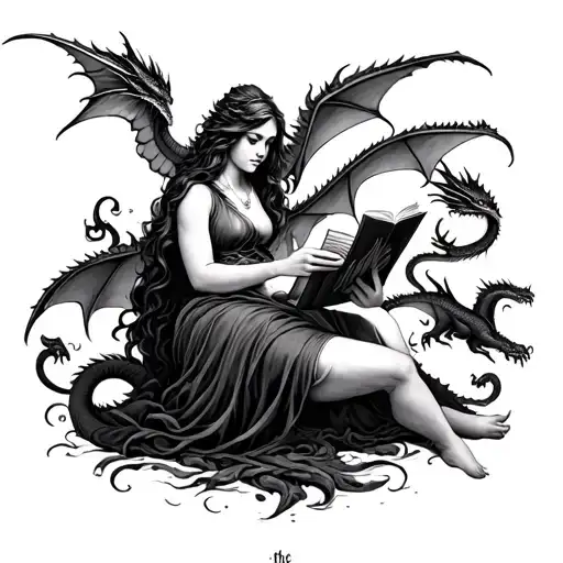 tarot card of lady reading a fantasy book with dragons coming from it. tarot card is the mum tattoo design idea