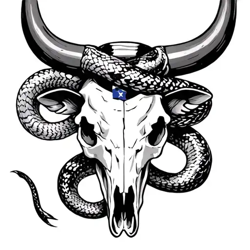 Patriotic western bull skull with snake wrapped tattoo design idea
