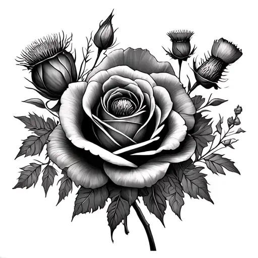 roses, poppies and scottish thistle intertwined tattoo design idea