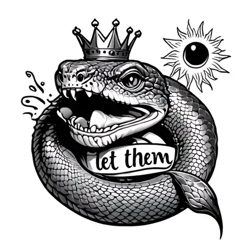 Friendly snake wearing a crown eating the words “let them” with a sun  tattoo design idea
