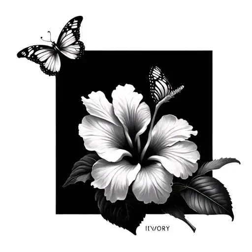 Hibiscus  flower with a butterfly  and the name ivory  tattoo design idea