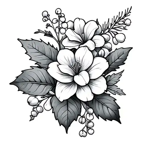 ash leaves, hydrangeas, lily of the valley, marigolds, holly leaves, and daffodils  tattoo design idea