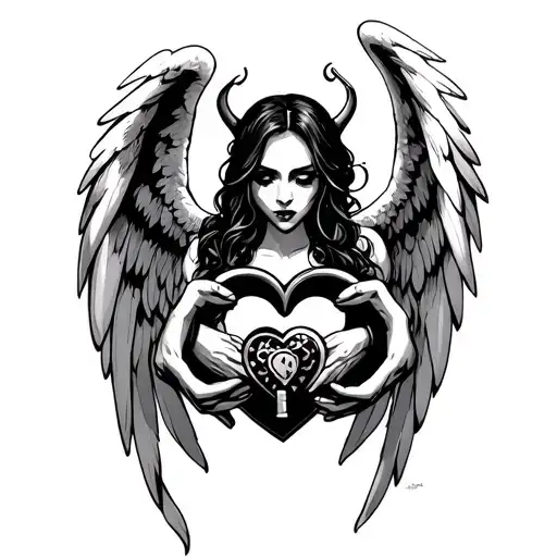 seductive evil angel holding heart shaped lock tattoo design idea
