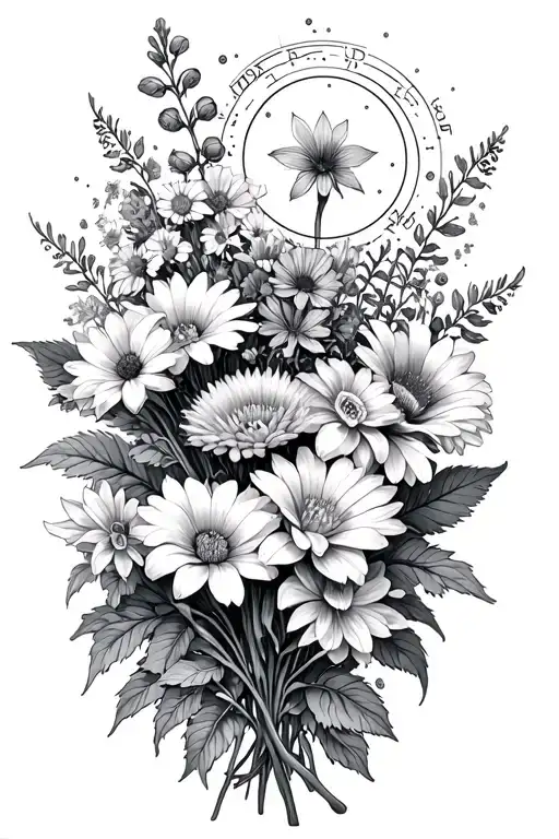 Leo and Virgo constellations, bouquet of asters, delphinium, water lilies and morning glory flowers tattoo design idea