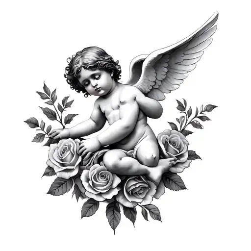 cherub, roses forearm sleeve tattoo tattoo design idea