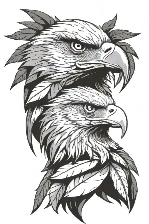 Layered eagle head portrait. Inner feathers detailed, outer feathers shaped like cannabis leaves, radiating outwards. tattoo design idea