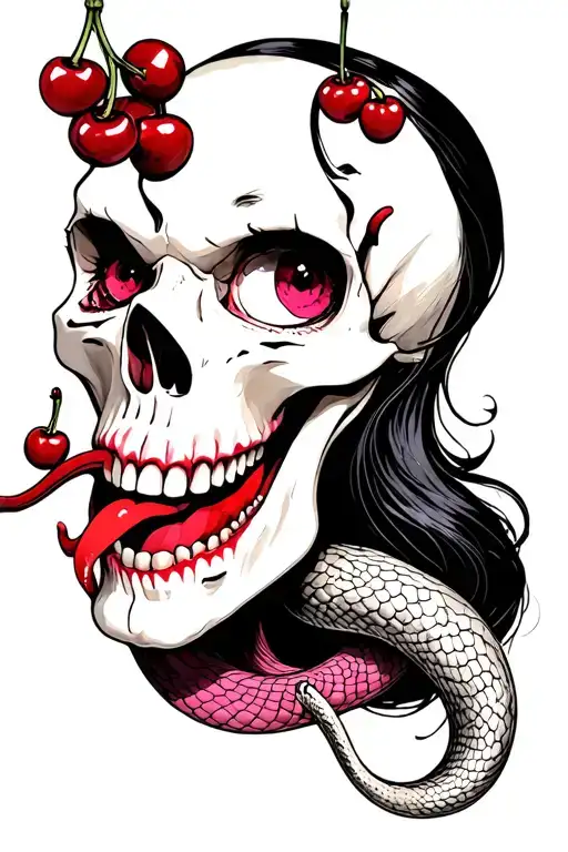 gothic, cute, creepy, skull cherries hung out the mouth of a female vampire with a snake tongue tattoo design idea