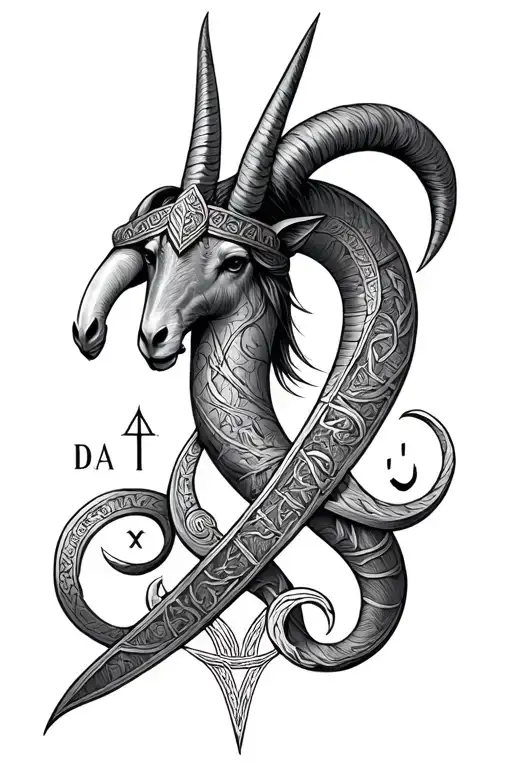 viking runes intertwined with Capricorn zodiac signs and da vinci renaissance  tattoo design idea