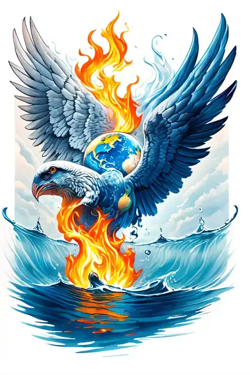 Sleeve of the elements: earth, water, air, fire in the water under the wing tattoo design idea