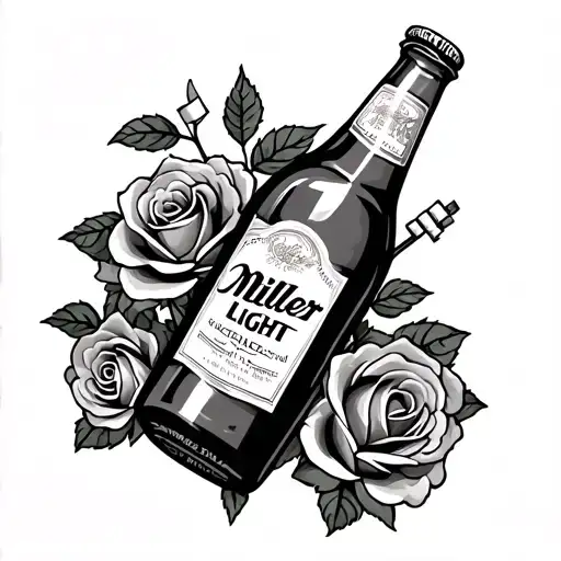 Tattoo upper arm going to chest , tattoo has miller light bottle with pack of cigarettes leaned on it with roses growing tattoo design idea