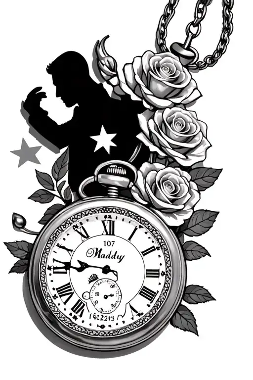 Maddy, 07/12/2023, a pocket watch, roses, 3 stars, the shadow of a father giving the hand to his daughter tattoo design idea