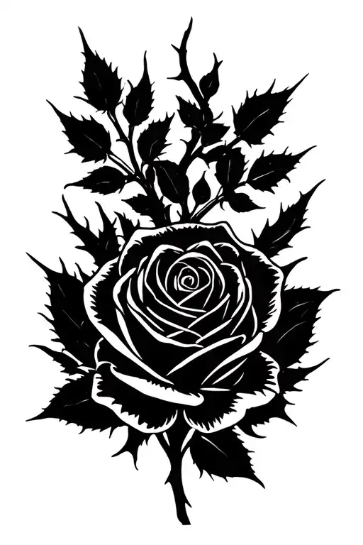 rose with thorny branches reaching towards fingers tattoo design idea