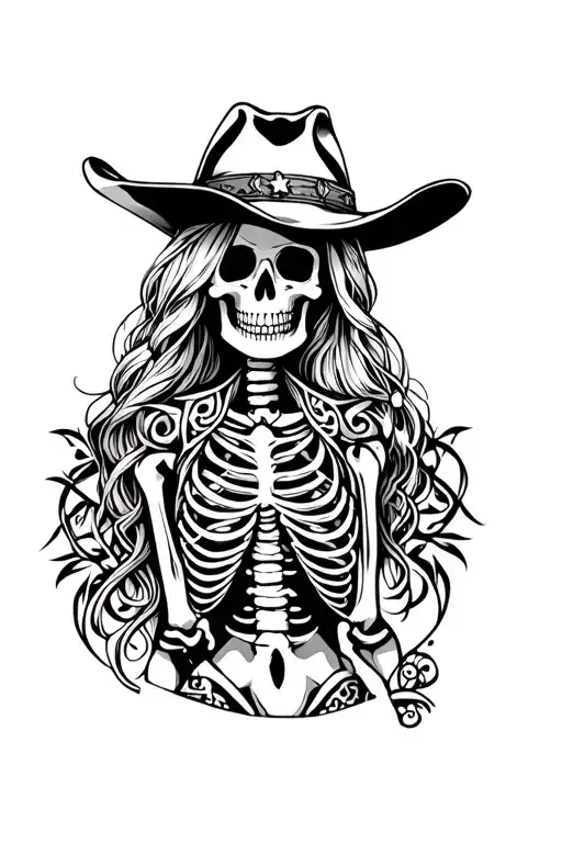 western cowgirl skeleton with tribal designs behind her  tattoo design idea