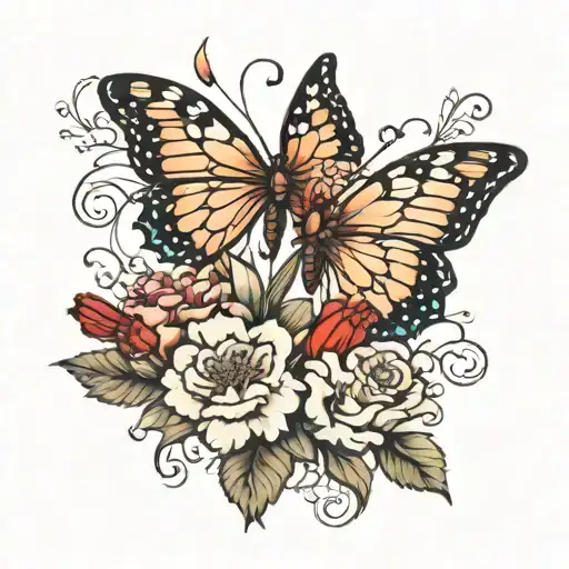 butterfly and carnations flowers tattoo design idea