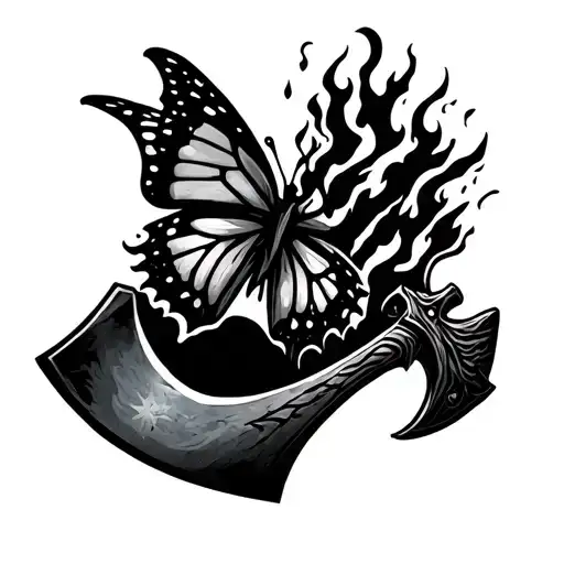 "even iron still fears the rot" axe with butterfly with fire breathing dragon tattoo design idea