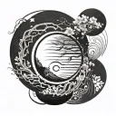 An Enso circle painted with thick brush. A ying yang inside the enso circle.  tattoo design idea