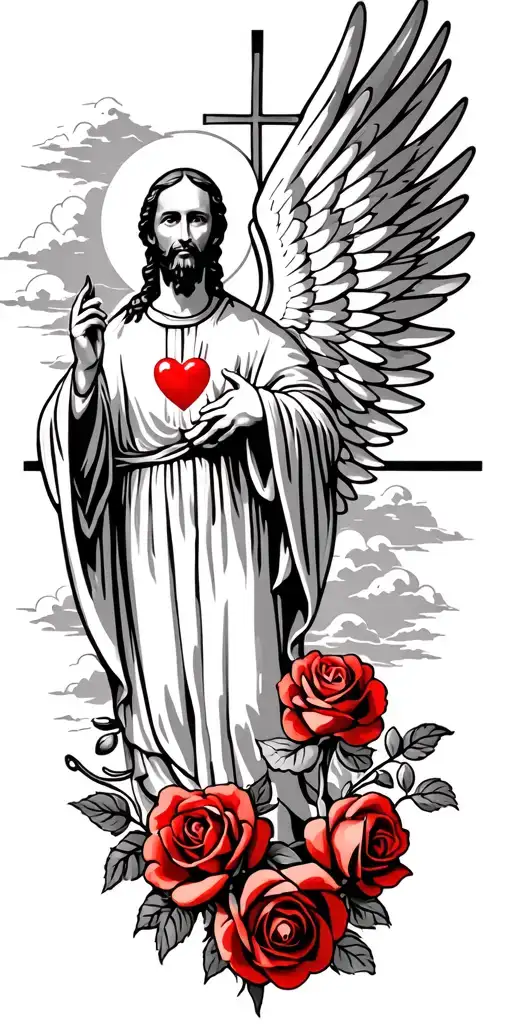 saint Francis of Assisi with wing and a heart with rays and clouds and a cross with lightly red colored roses throughout tattoo design idea