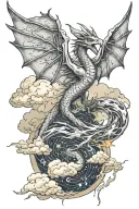 for the whole man's hand. The white dragon flies through lightning and clouds to the stars. Magical and occult symbols i tattoo design idea