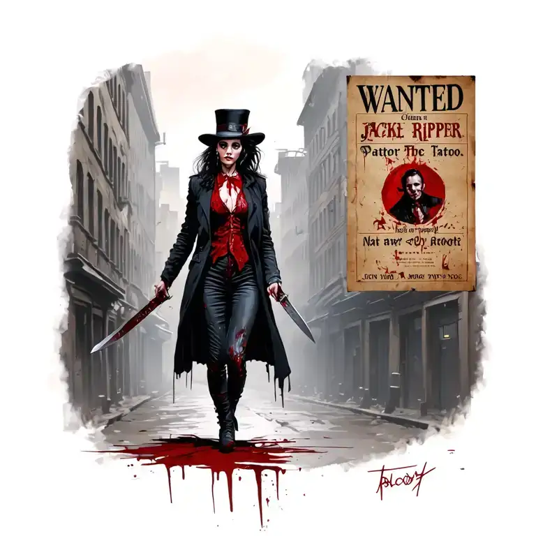 bloody woman jack the ripper knife walking past wanted poster with police tattoo design idea