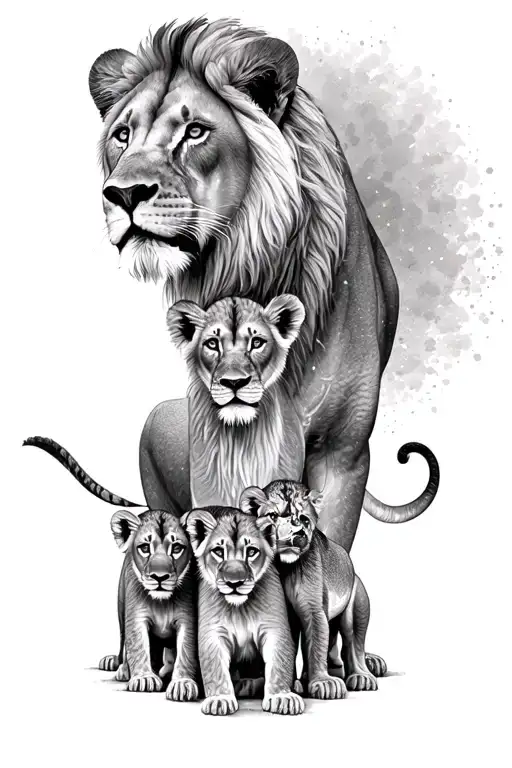 pride of a lion, lioness and 4 lion cubs tattoo design idea