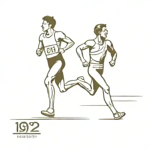 Two men running, one in a racing uniform from 1982 and the other from 1924, in a park and on a road tattoo design idea