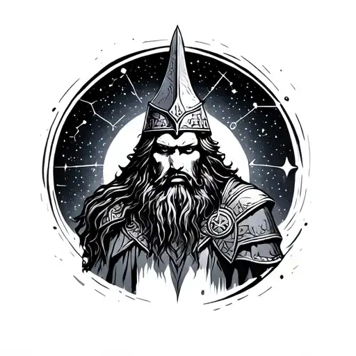 constellation as background and Norse god in front  tattoo design idea