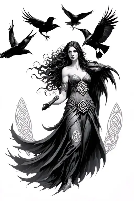 Goddess Morrigan armed, crows flying with celtic knots tattoo design idea