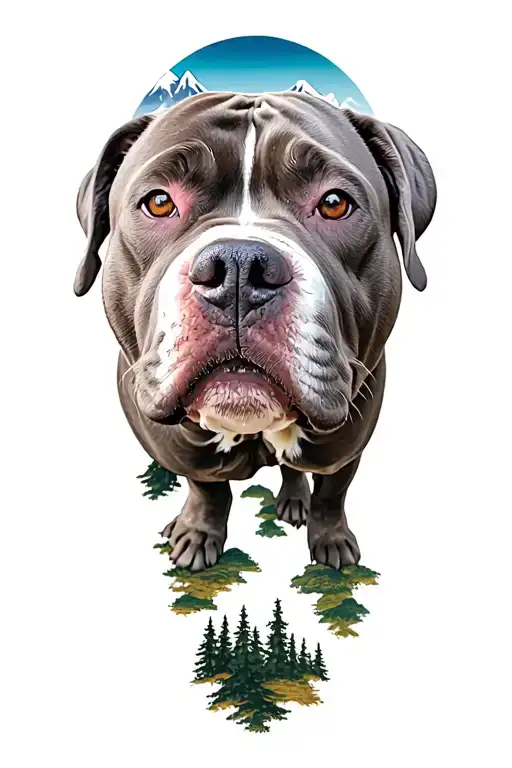 light looking pitbull dog with background of trees and mountains  tattoo design idea