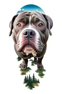light looking pitbull dog with background of trees and mountains  tattoo design idea