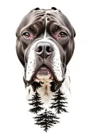 light looking pitbull dog with background of trees and mountains  tattoo design idea