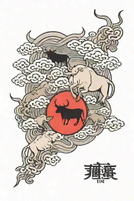 dark clouds forming the shape of a herd of bulls running throught the sky  tattoo design idea
