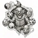 sketch of a tattoo of an evil clown juggling balls with each of the elements, fire, water, earth and air tattoo design idea